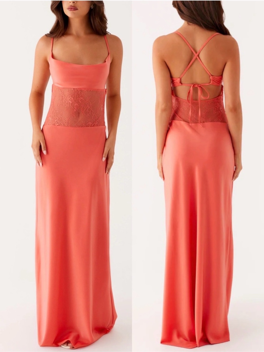Peppermayo shae maxi Coral Lace-Waist Satin dress
